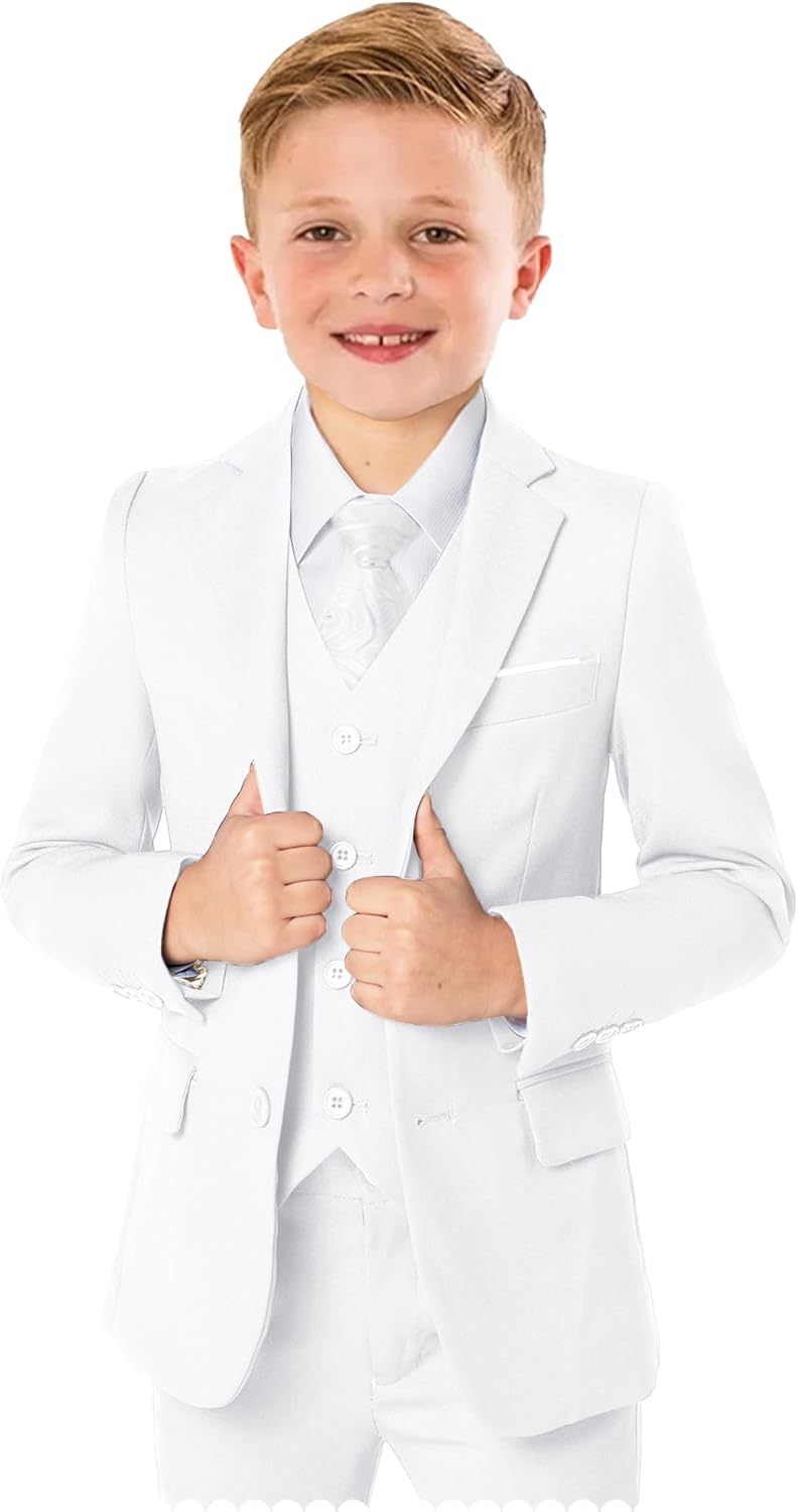 Boys’ Formal Suit 5 Piece Set, Toddler Tuxedos for Wedding, Suits for Teens Boy Dress School Clothes 2 White