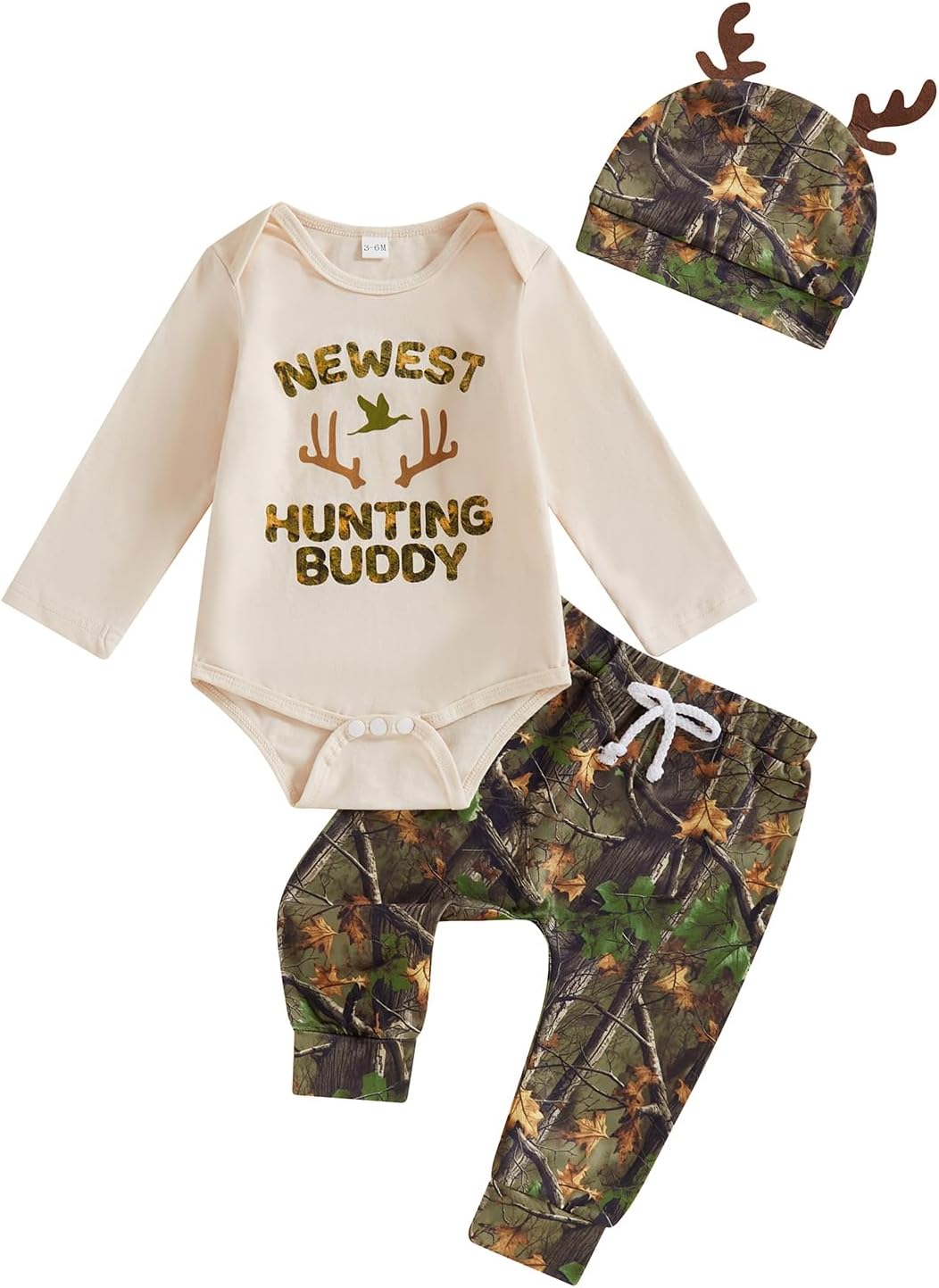 Newborn Baby Boy Clothes Hunting Long Sleeve Romper Shirt Tops Pants Fall Winter Outfits Hat Set Army Green 3-6 Months