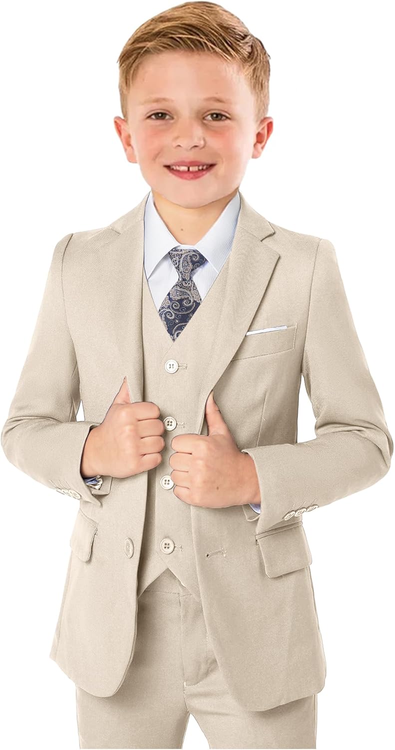 Boys’ Formal Suit 5 Piece Set, Toddler Tuxedos for Wedding, Suits for Teens Boy Dress School Clothes 3 Champagne