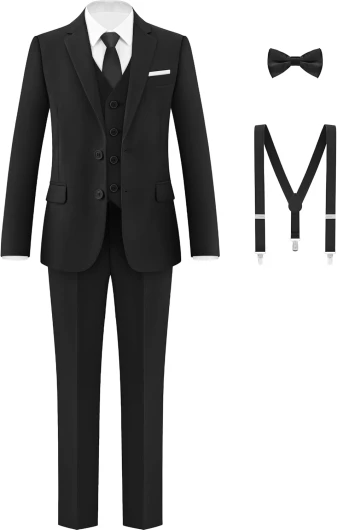 Boys Formal Suits Set, from Toddlers to Teen, Adjustable Waist, with Suspenders 8 Black 7pcs