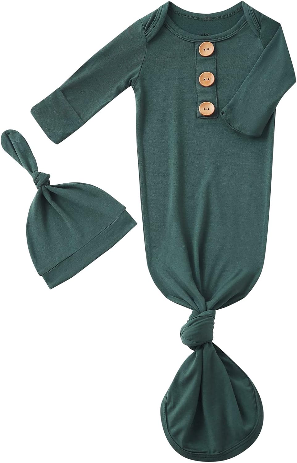 Newborn Baby Boys Girls Knotted Gown Hat Set Soft Bamboo Viscose Infant Sleeper Baby Sleep Gown with Mittens Deep Green 0-3 Months
