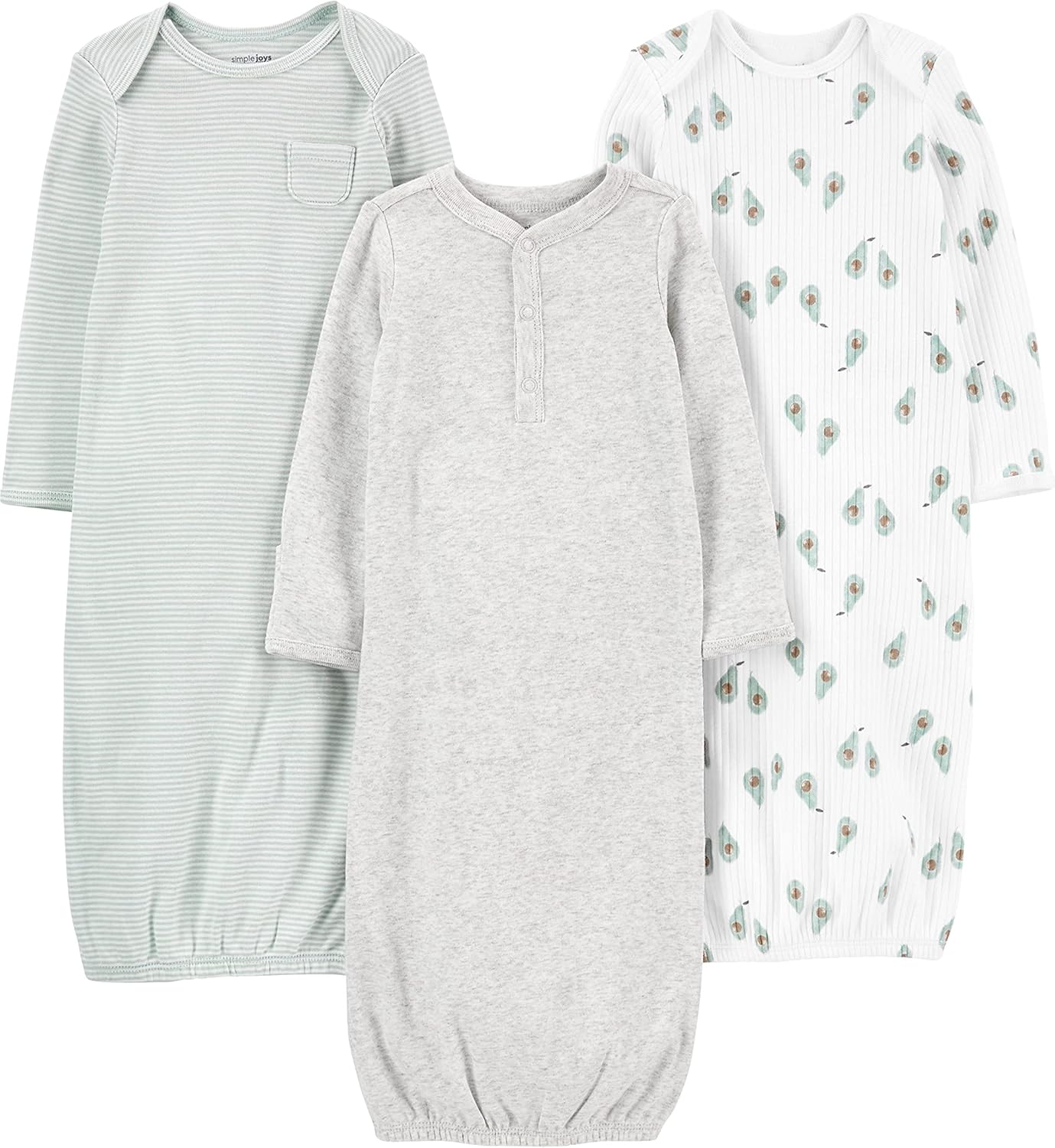 Simple Joys by Carter's Baby 3-Pack Neutral Cotton Sleeper Gown Newborn Avocados/Heather/Stripe