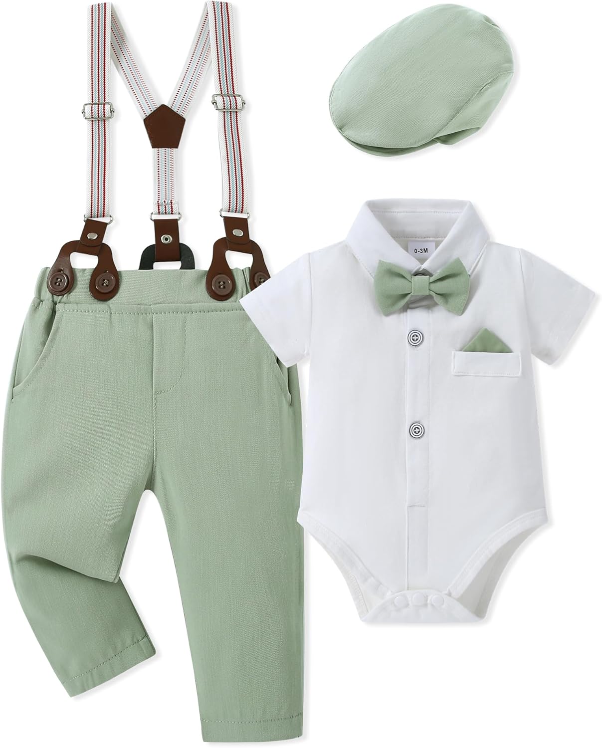 Baby Boy Clothes Suit 0-24M Infant Gentleman Wedding Outfit, Shirt+Bowtie+Beret+Suspender Pants Clothing Set Light Green 18-24 Months