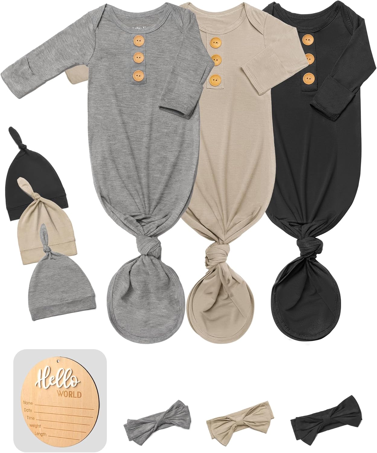 3 PK Baby Knotted Gowns Set with Mittens, Hats, Headbands & Wooden Name Tag for Breathable Newborns Going Home Outfit Black + Khaki + Gray Newborn