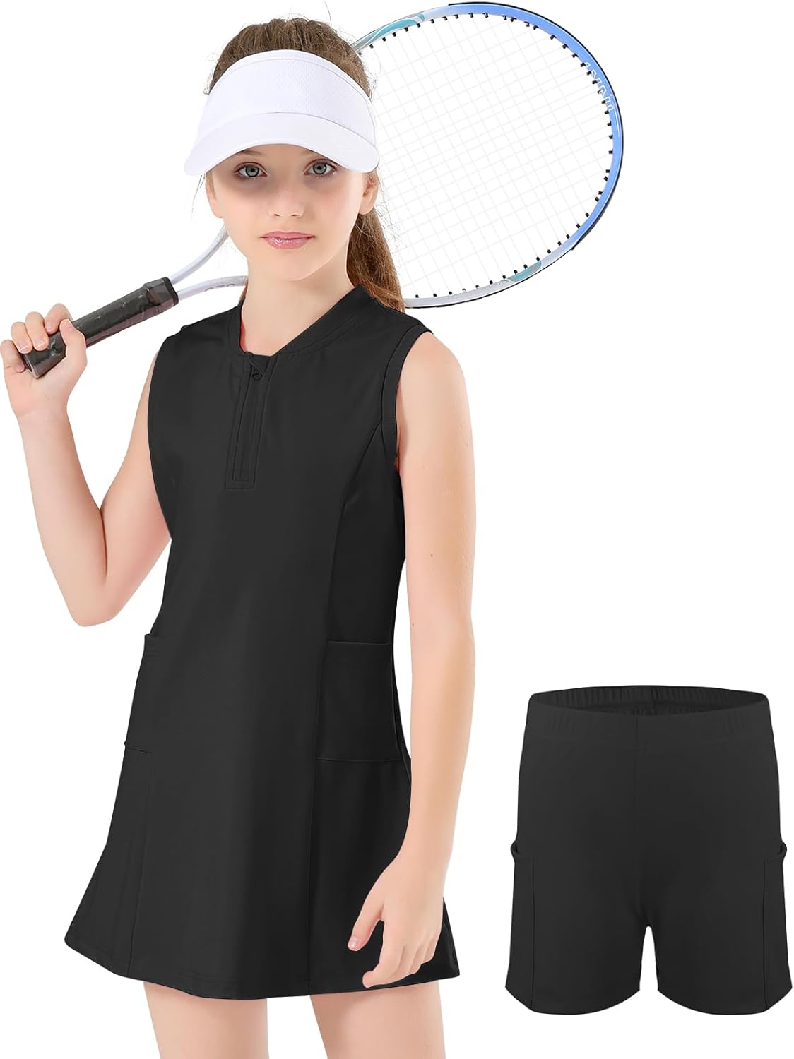 Girls Tennis Dress with Shorts Pockets Sleeveless Workout Athletic Dresses A-Line Kids Golf Outfit Quarter Zip Black 13-15 Years