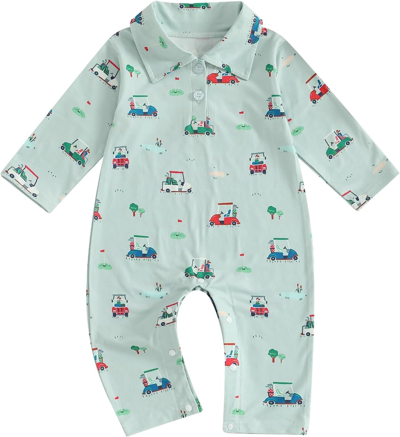 Infant Baby Boy Golf Outfit Golf Cart Collared Romper Long Sleeve Lapel Button Jumpsuit Bodysuit Fall Winter Clothes Green 6-12 Months