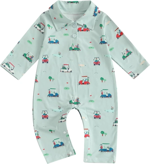 Infant Baby Boy Golf Outfit Golf Cart Collared Romper Long Sleeve Lapel Button Jumpsuit Bodysuit Fall Winter Clothes Green 6-12 Months
