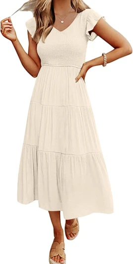 Women's Flutter Sleeve Smocked Midi Dress V Neck Casual Tiered Dresses with Pockets Medium Beige