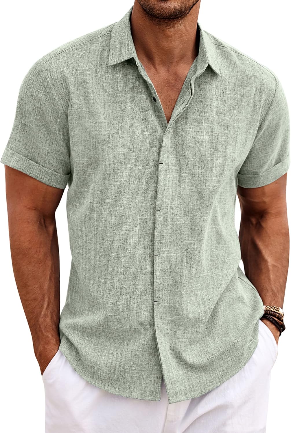 Men's Linen Shirts Short Sleeve Casual Shirts Button Down Shirt for Men Beach Summer Wedding Shirt Large Light Green