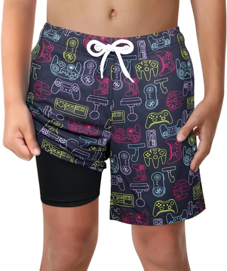 Boys Swim Trunks with Compression Liner Comfortable Anti-Chafe Swimming Shorts Stretchy UPF Quick Dry Size 3T-20 Happygames-black Small