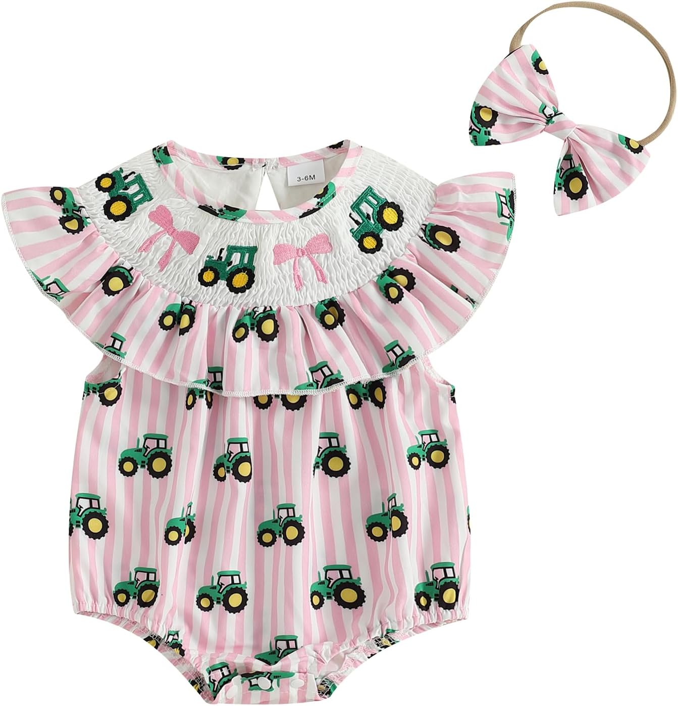 Baby Girl Smocked Romper Bow Tractor Print Bodysuits Jumpsuits with Headband Pink 3-6 Months