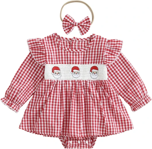 My First Thanksgiving Baby Girl Outfit Newborn Turkey Romper Dress Smocked Dress Fall Winter Thanksgiving Clothes Santa Claus Embroidered Red 6-12 Months