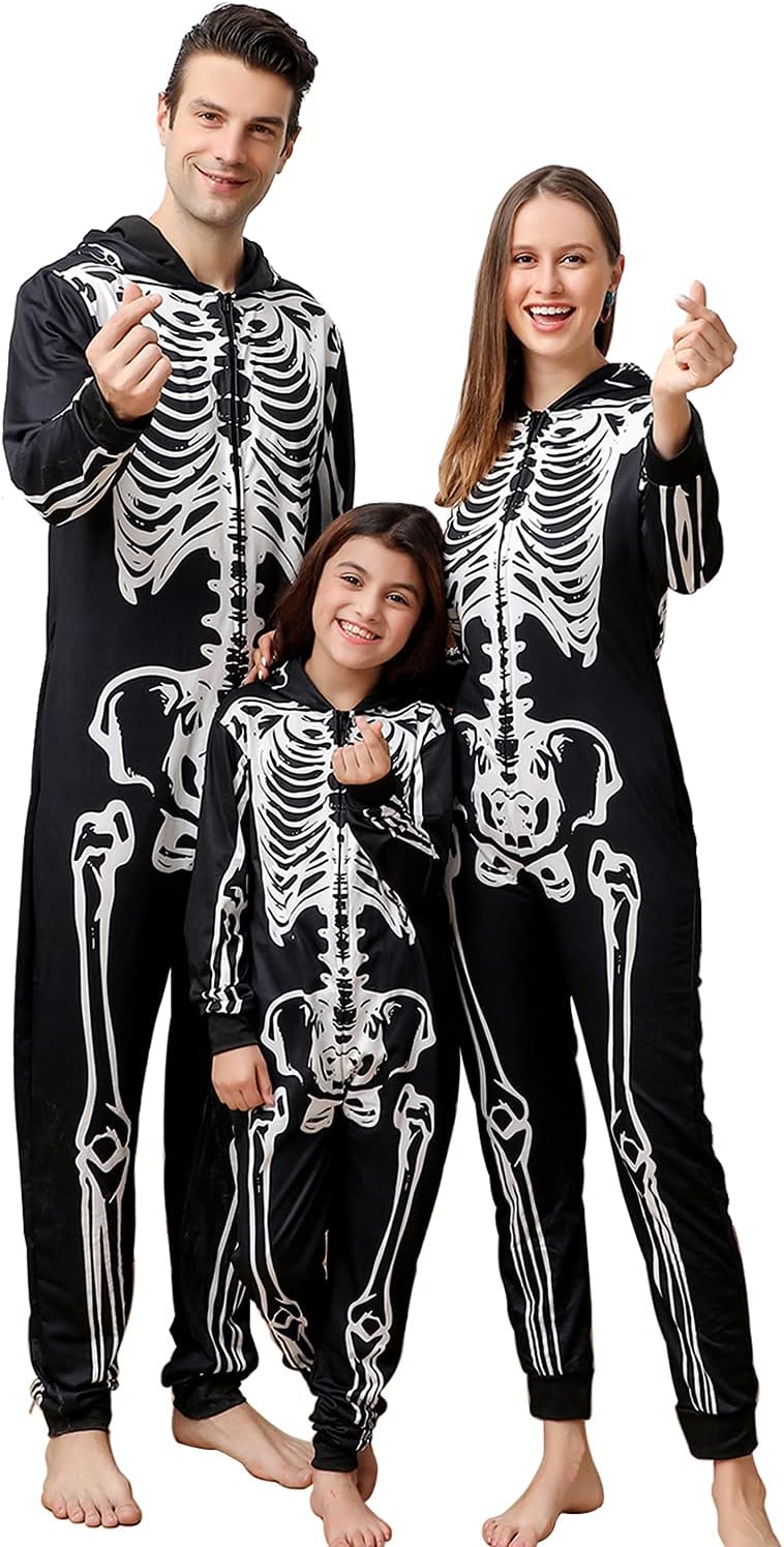 Family Matching Halloween Onesie Pajamas, Funny Skeleton Hooded Zipper PJs Holiday Loungewear for Men/Women Youth 2-3T Skull