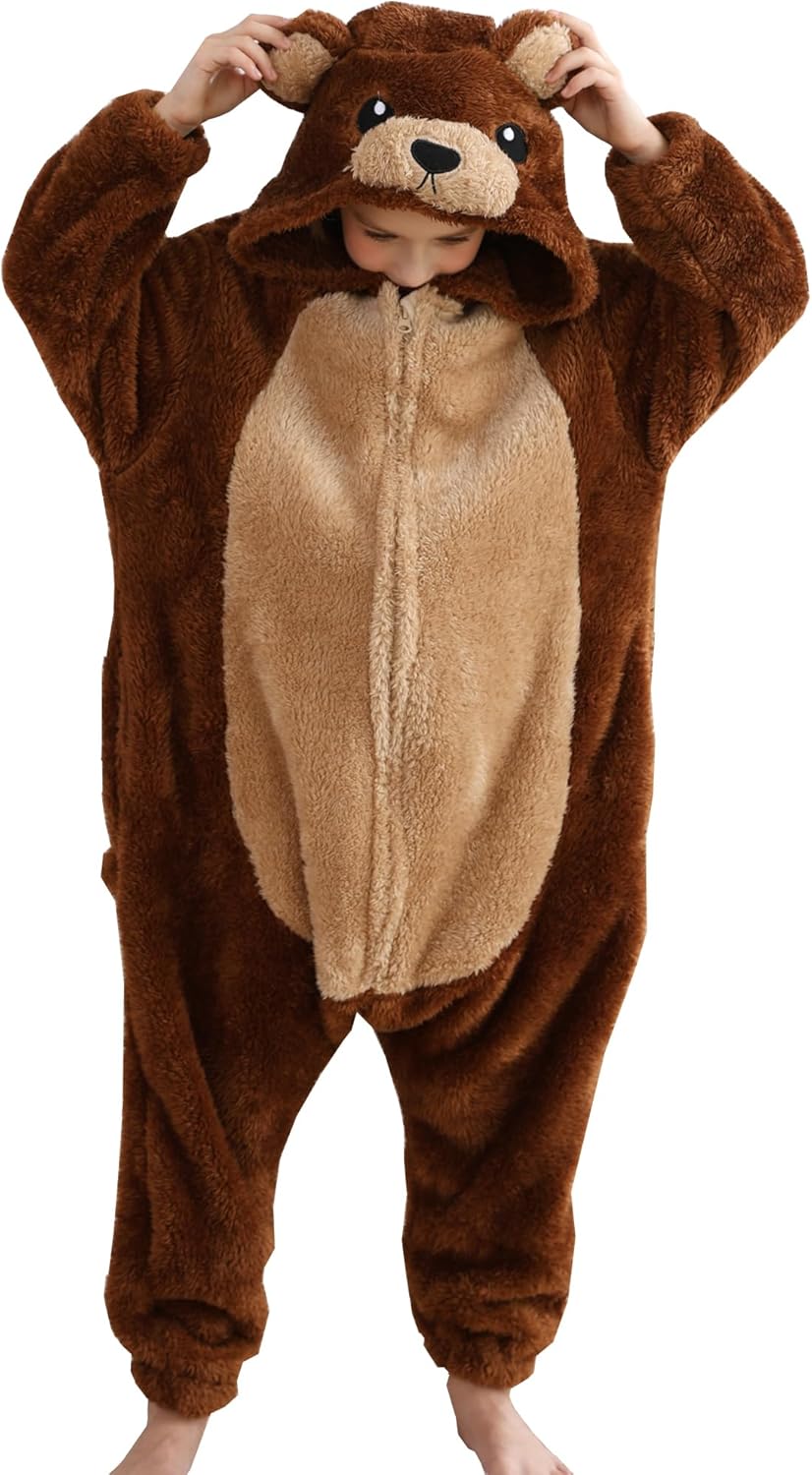 ATOZ Onesie for Kids, Animal Pajamas Halloween Cosplay Costume for Girls Boys Brown Bear 10-11 Years