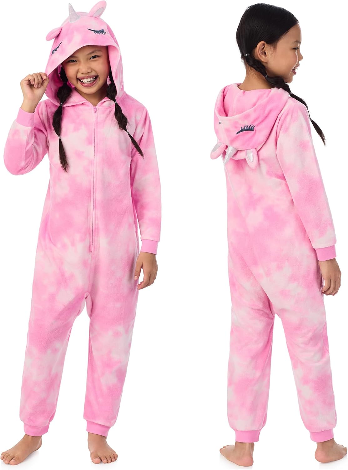 Kids Pajamas Onesie for Boys & Girls – Soft Cozy Fleece Hooded Zip-Up PJs, Fun Blue Shark & Pink Unicorn Sleepwear X-Small Pink Unicorn