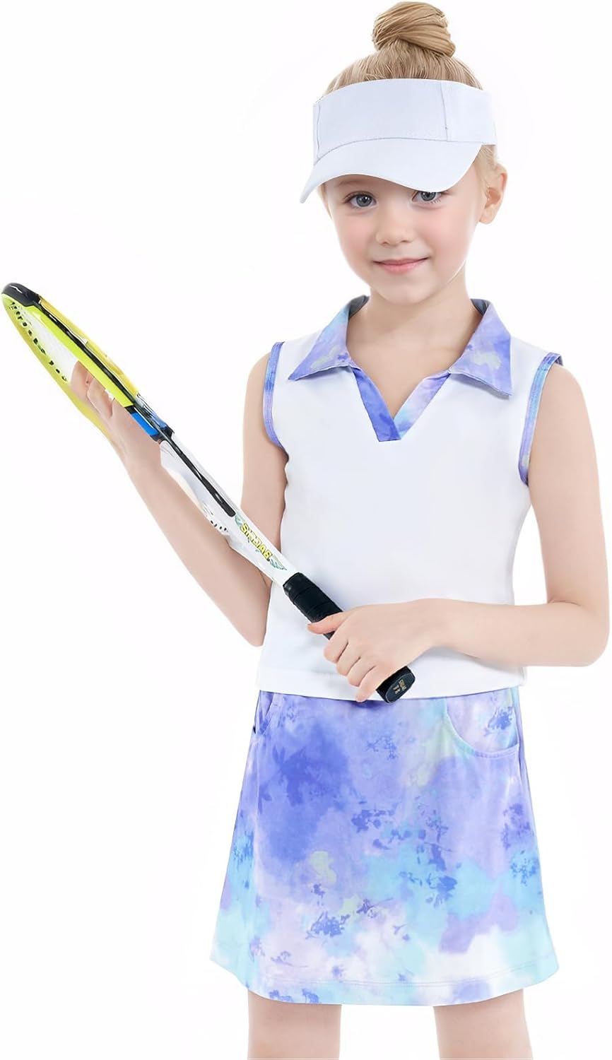 Girls Tennis Dress with Shorts and Pockets Sleeveless 2-Piece Golf and Athletic Workout Outfit for 6-14Y Purple 8-9 Years