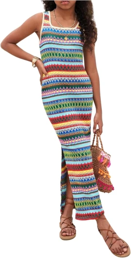 Girl's Summer Boho Striped Sleeveless Tank Dress - Square Neck Split Thigh Long Maxi 12 Years Blue Green