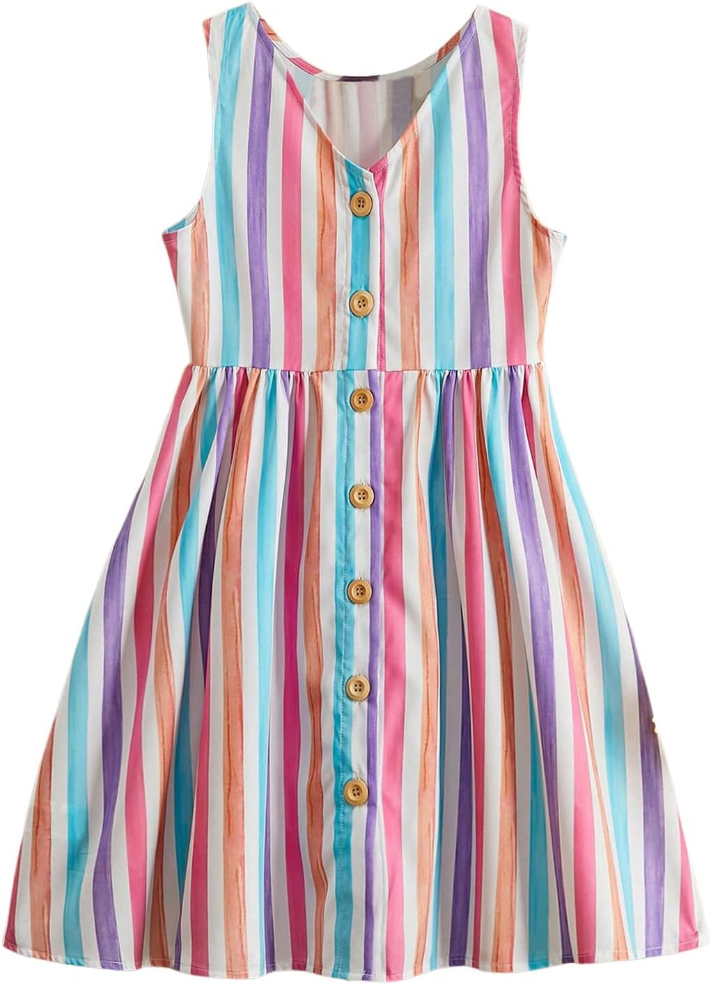 Girl's Colorful Striped Tank Dress Sleeveless V Neck Button Front Flared Short Dresses 9 Years Pink Blue