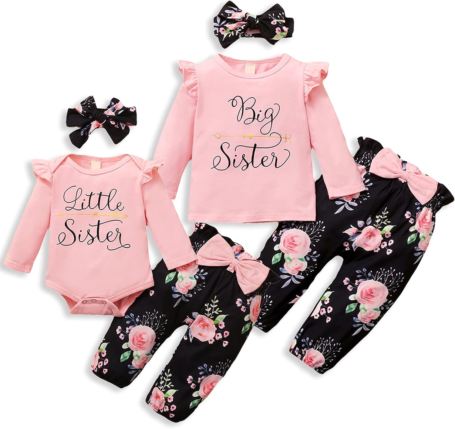 Big Sister Little Sister Matching Outfits Toddler Girl Clothes Newborn Baby Ruffle Romper Floral Pants Headband 3Pcs 4-5 Years Big Sister Pink-2