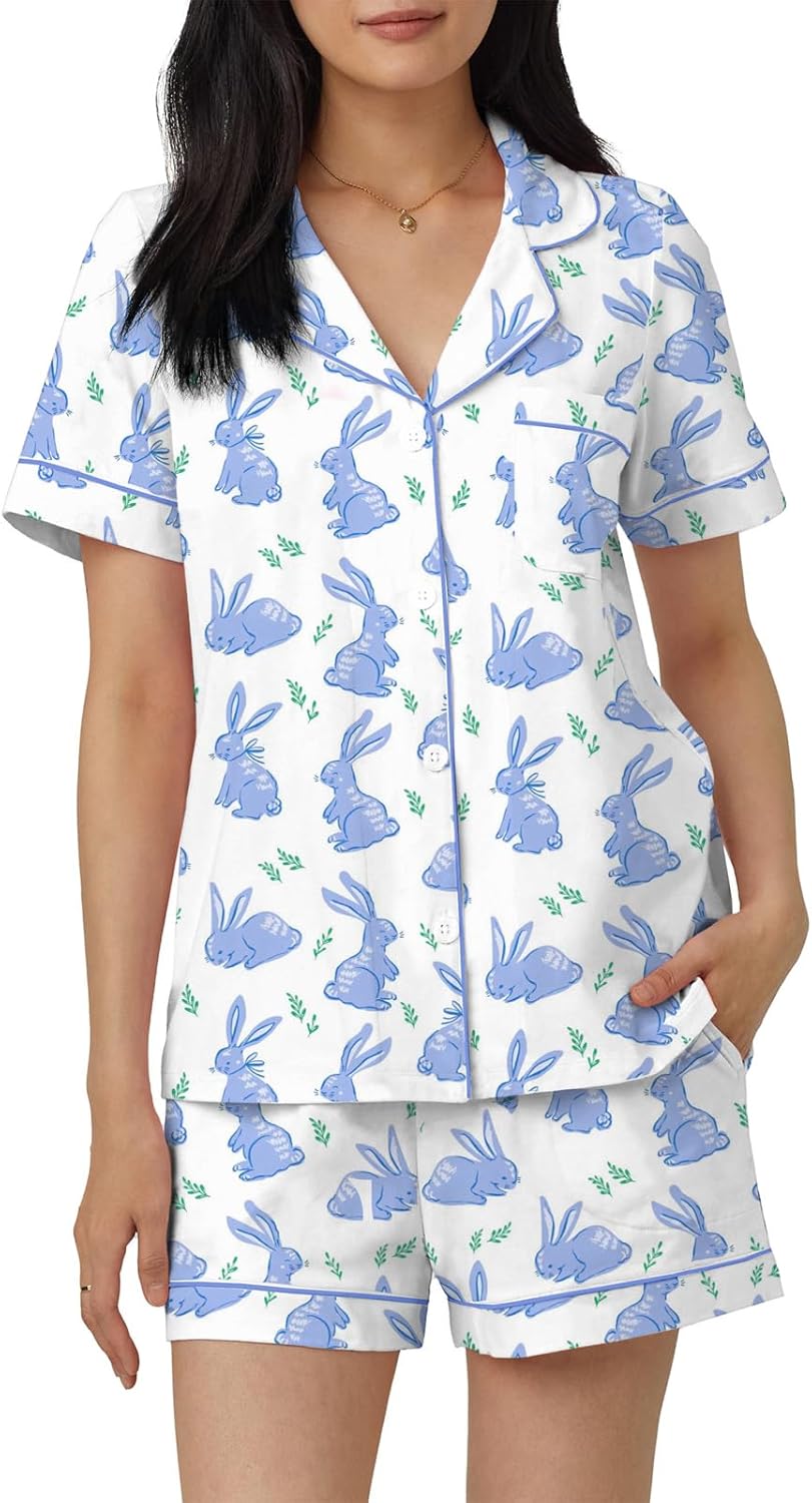 Women Easter Pajamas Set Cute Bunny Button Down Shirt and Shorts 2 Piece Pj Set Y2K Easter Outfits Blue Medium