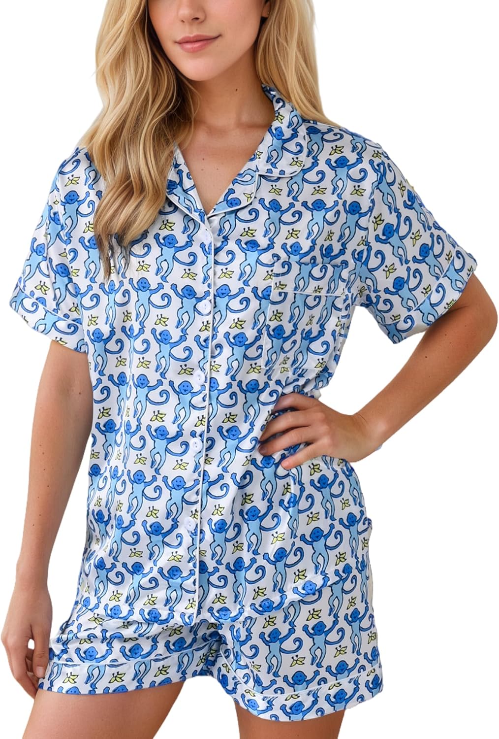 Women Y2k Pajamas Set Silk Satin Short Sleeve Button Down Top and Shorts Monkey Sleepwear Preppy Bridal Loungewear Blue Small