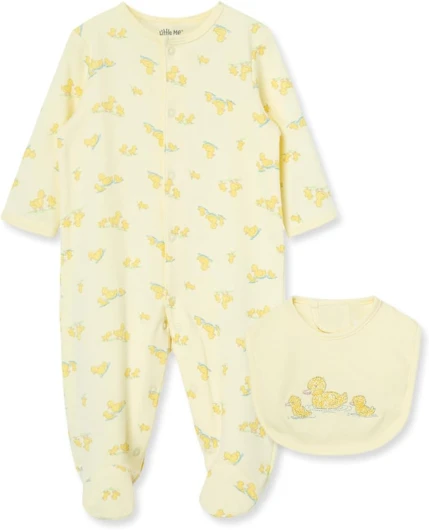 Clothes for Baby Girls 100% Cotton Scratch Free Tag 2-Piece Zipper Closure Footie and Headband Set, Baby Essentials Yellow Duckies Newborn