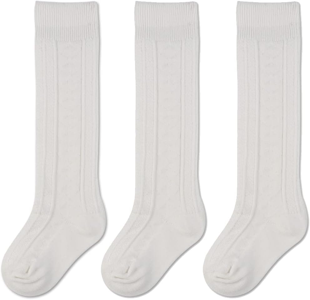 Baby Girls Boys Uniform Knee High Socks Tube Ruffled Stockings Infants and Toddlers (Pack of 3/5) 0-6 Months Cable ivory White,3 Pack