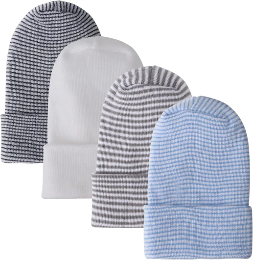 BQUBO 4 Pack Newborn Hospital Hat Infant Baby Hat Cap with Big Bow Soft Cute Knot Nursery Beanie 0-6 Months 4 Pack: White & Blue & Grey & Black(0-6 Months)