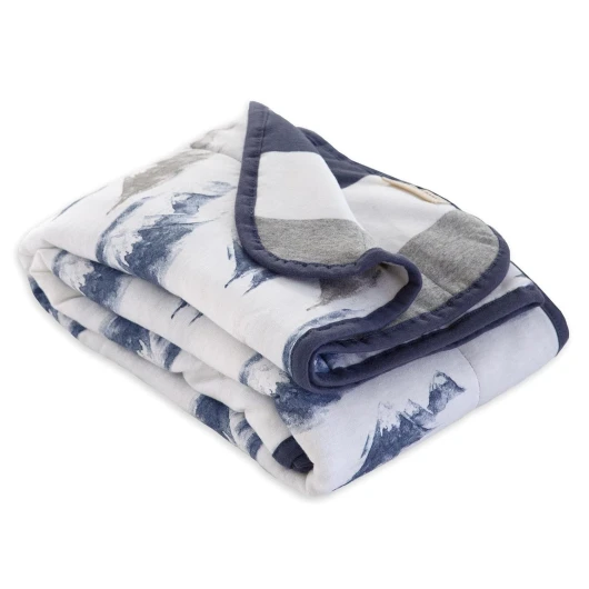 Infant Reversible Blankets 100% Organic Cotton GOTS Certified - Watercolor Mountains Prints with Quilting Pattern Soft Nursery Blanket with 100% Polyester Fill for Size 30 x 40 Inch Navy Mountains One Size