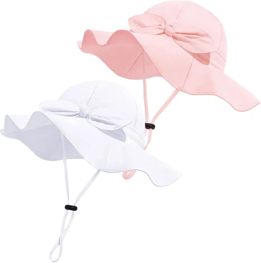 Baby Girl Sun Hat with UPF 50+ Outdoor Adjustable Beach Hat with Wide Brim Bucket Hats 6-12 Months Pink & White -2pcs