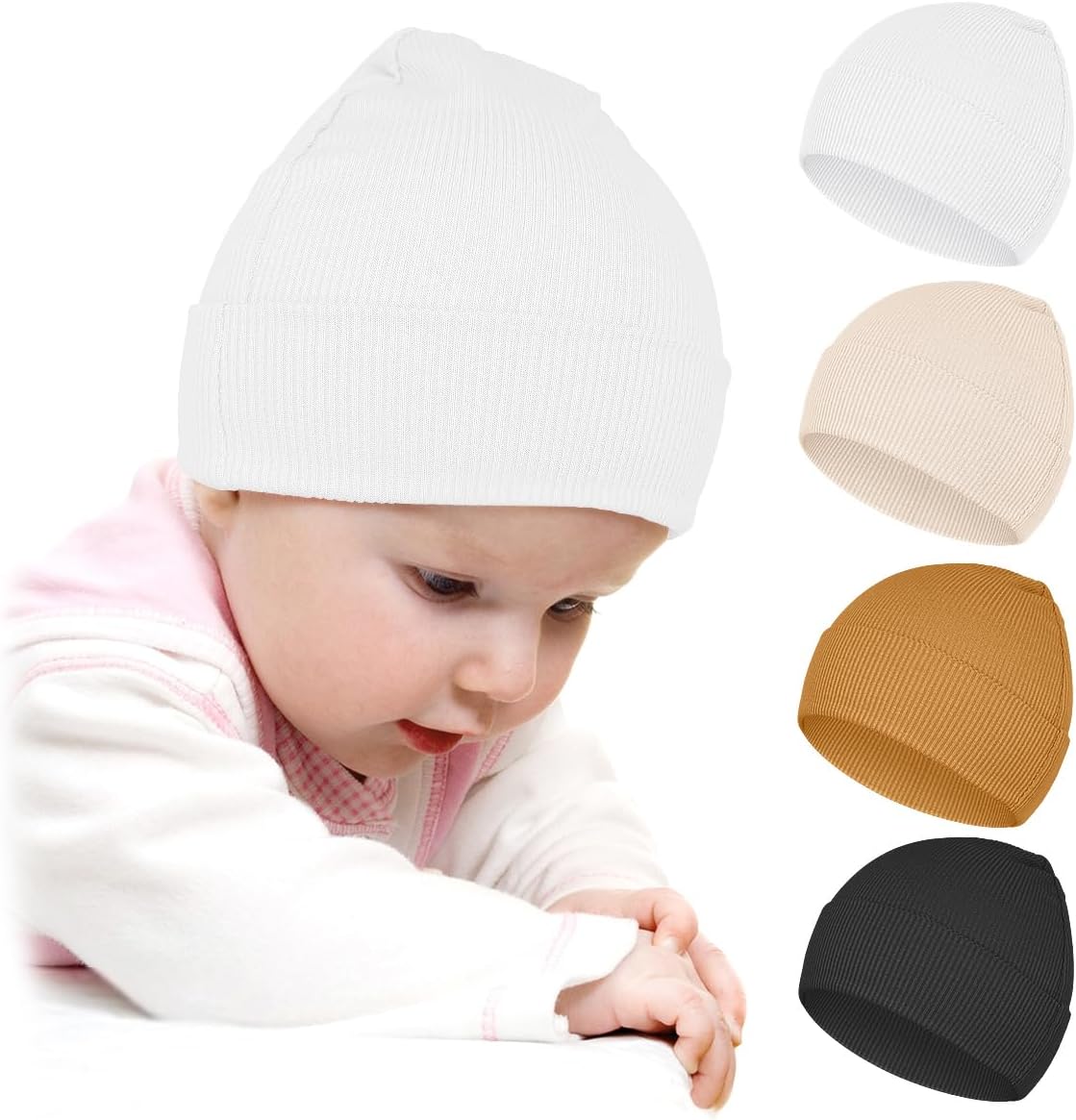 Neutral Baby Beanie Hats for Unisex, Solid Baby Girls Boys Beanies Cap for Newborn, Baby, Infant, Toddler Medium White/Black/Beige/Rust