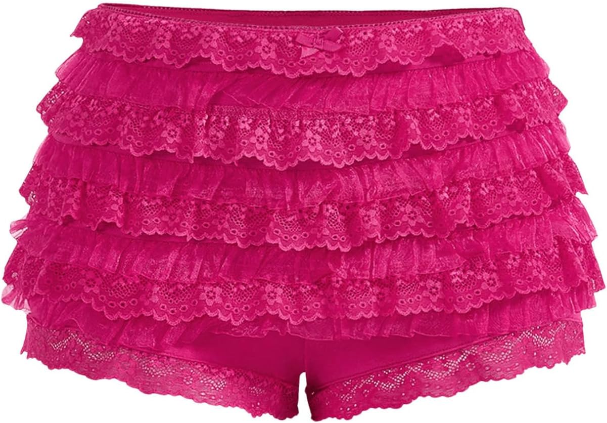 Women's Y2k Lace Mini Shorts Lolita Bloomers Ruffle Layered Low Waisted Shorts Medium Pure Hotpink