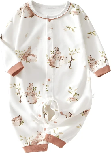 100% Organic Cotton Soft 3-24 Months Baby Romper Jumpsuits for Boys and Girls Unisex Long Sleeve Rabbit 3-6M / 66