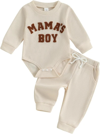 Baby Boy Clothes Letters Embroidered Baby Sweatshirt Romper Waffle Pants Set Infant Boy Fall Winter Outfits Beige 0-3 Months