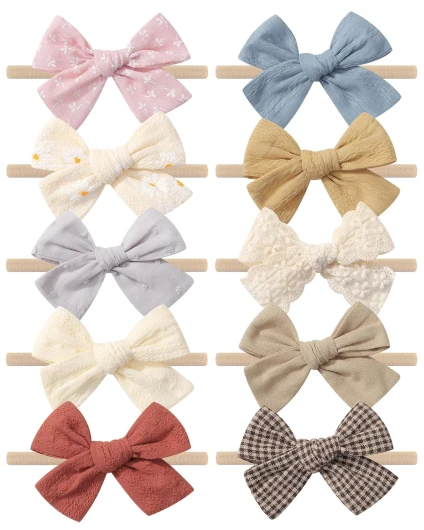 10PCS Baby Girls Headbands Hair Bows Nylon Linen Hairbands Handmade Hair Accessories for Newborn Infant Toddlers Little Girl and Kids Summer Color