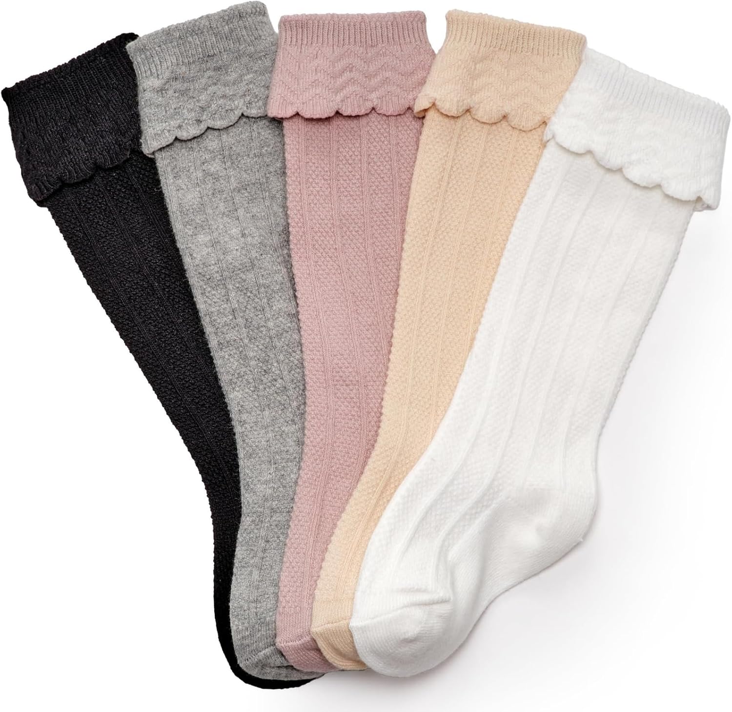 Baby & Toddler Knee High Socks For Baby Girls Multi Color - 5 Pack 6-12 Months White/Black/Gray/Tan/Pink