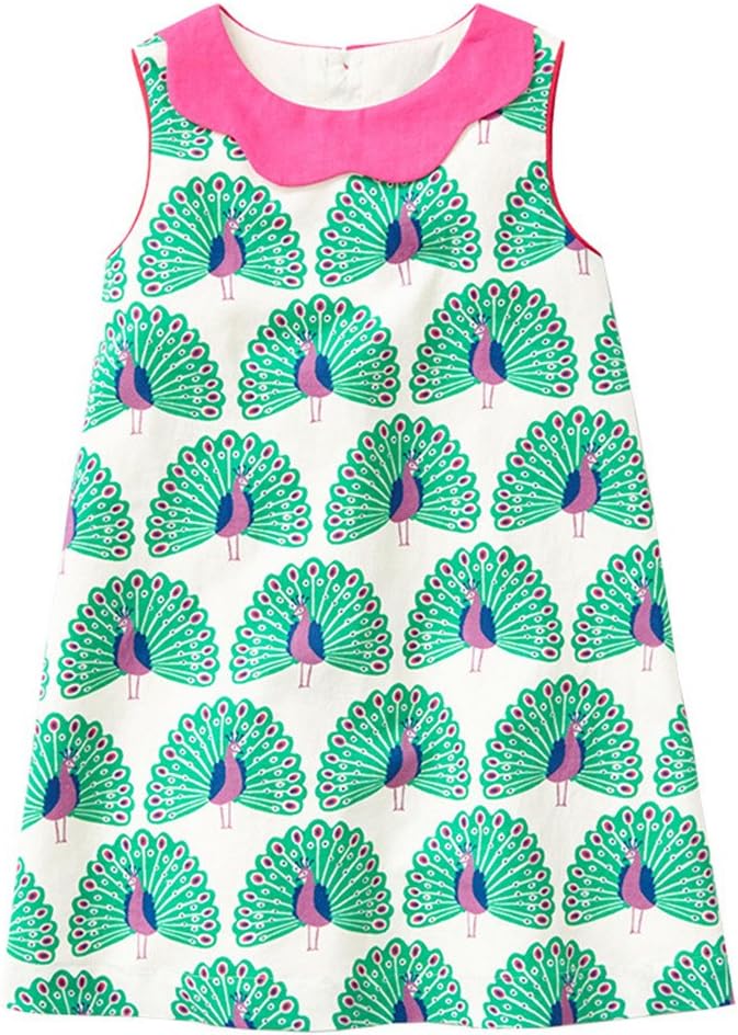 Little Girls Cotton Dress Sleeveless Casual Summer Sundress Flower Printed Jumper Skirt 6 Years 7#greenpeacock