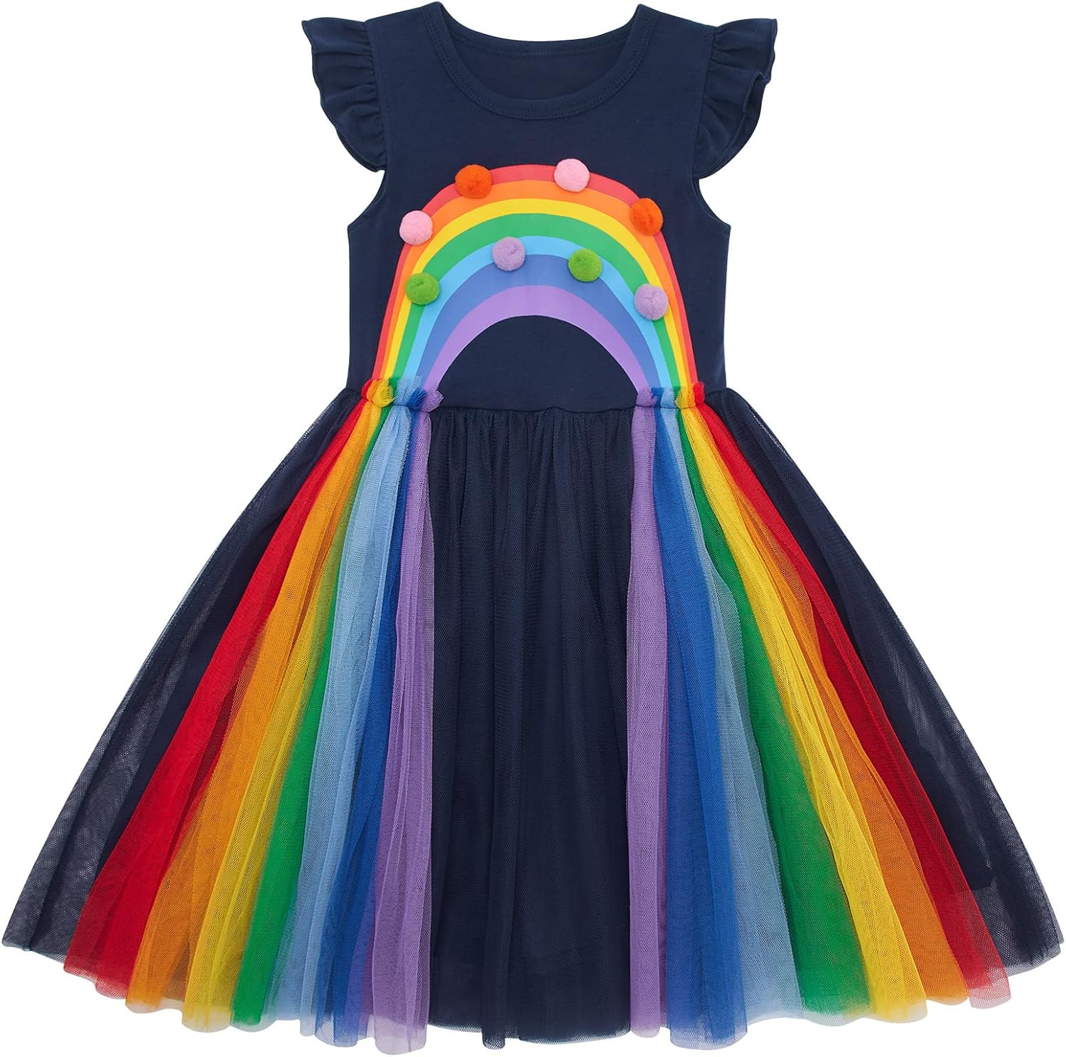 Rainbow Dress for Girls Flutter Sleeve Tulle Dresses Summer Sundress 3-8 Years Navy Blue 4-5T