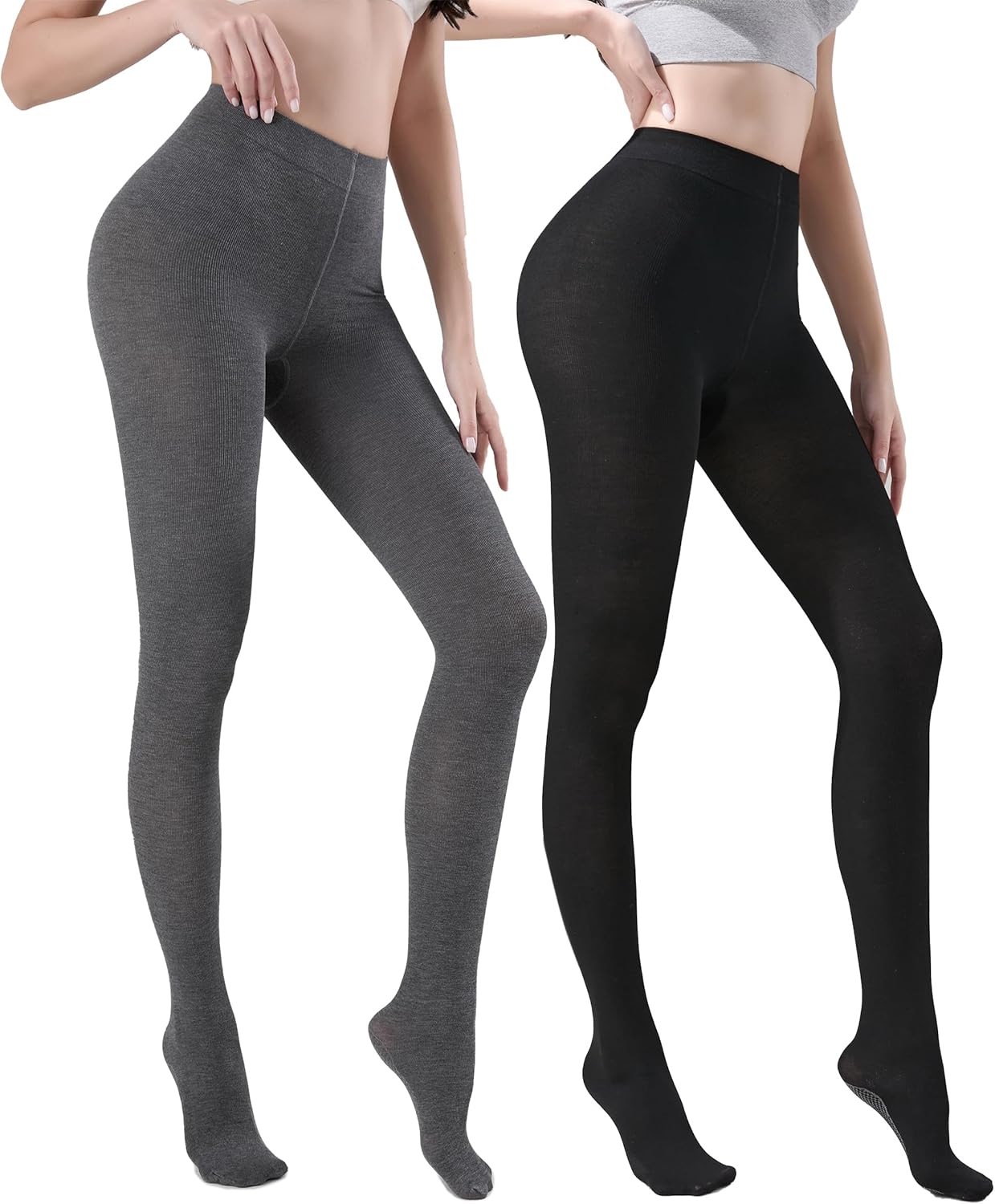 Women's Winter Leggings Warm Opaque Tights, Stretchy Warm Tights 140D/200D One Size Regular Grey&black 2 Pairs