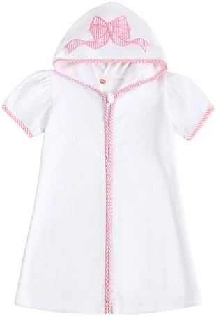 Toddler Baby Swim Cover Up Boy Girl Terry Cloth Hooded Zip-up Cover Ups for Swimwear Summer Beach Bow-pink 4-5T