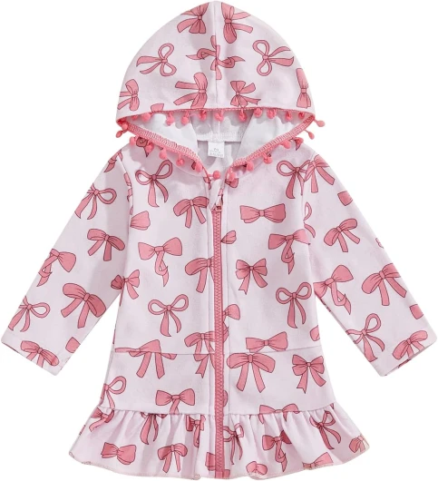 Girls Terry Cloth Swim Cover Up Zip Up Hooded Bathing Suit Coverup Wraps Rufled Kids Pool Beach Robe Cover-Up Dress Bow Pink 2-3T