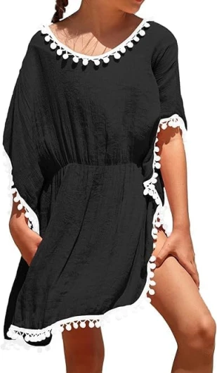 Girl's Swim Cover Up Kids Summer Swimwear Beach Dress Swimsuit Wraps with Pom Pom Trim Black 12-13 Years