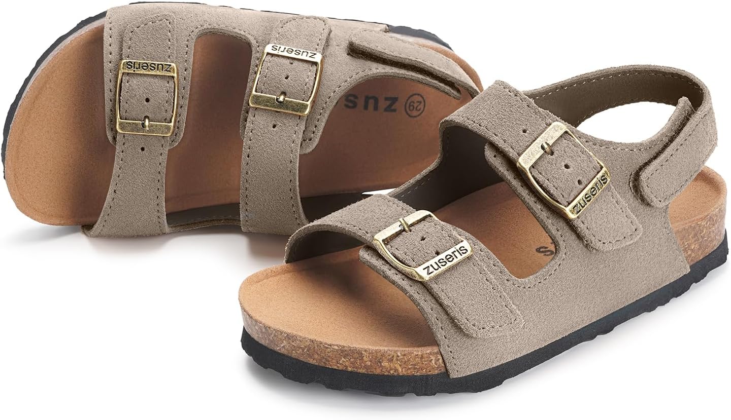Kids Toddler Sandals Boys Girls Cork Footbed Sandal Comfort Double Buckle Slip On Slippers with Adjustable Back Strap 11 Little Kid Khaki