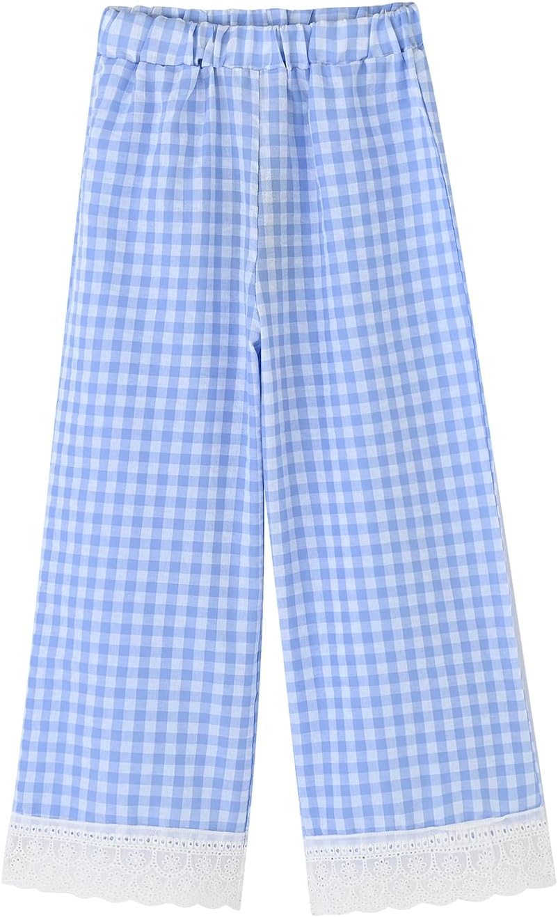 Toddler & Little Girls' Gingham Wid Leg Pants with Lace Trim Blue Gingham 4-5T