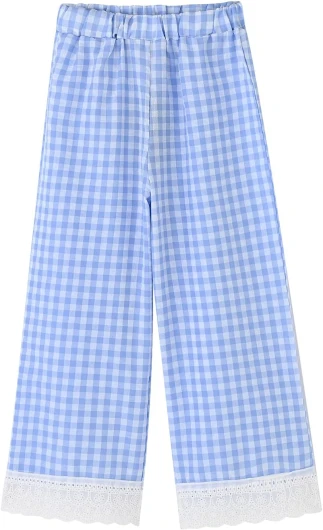 Toddler & Little Girls' Gingham Wid Leg Pants with Lace Trim Blue Gingham 4-5T