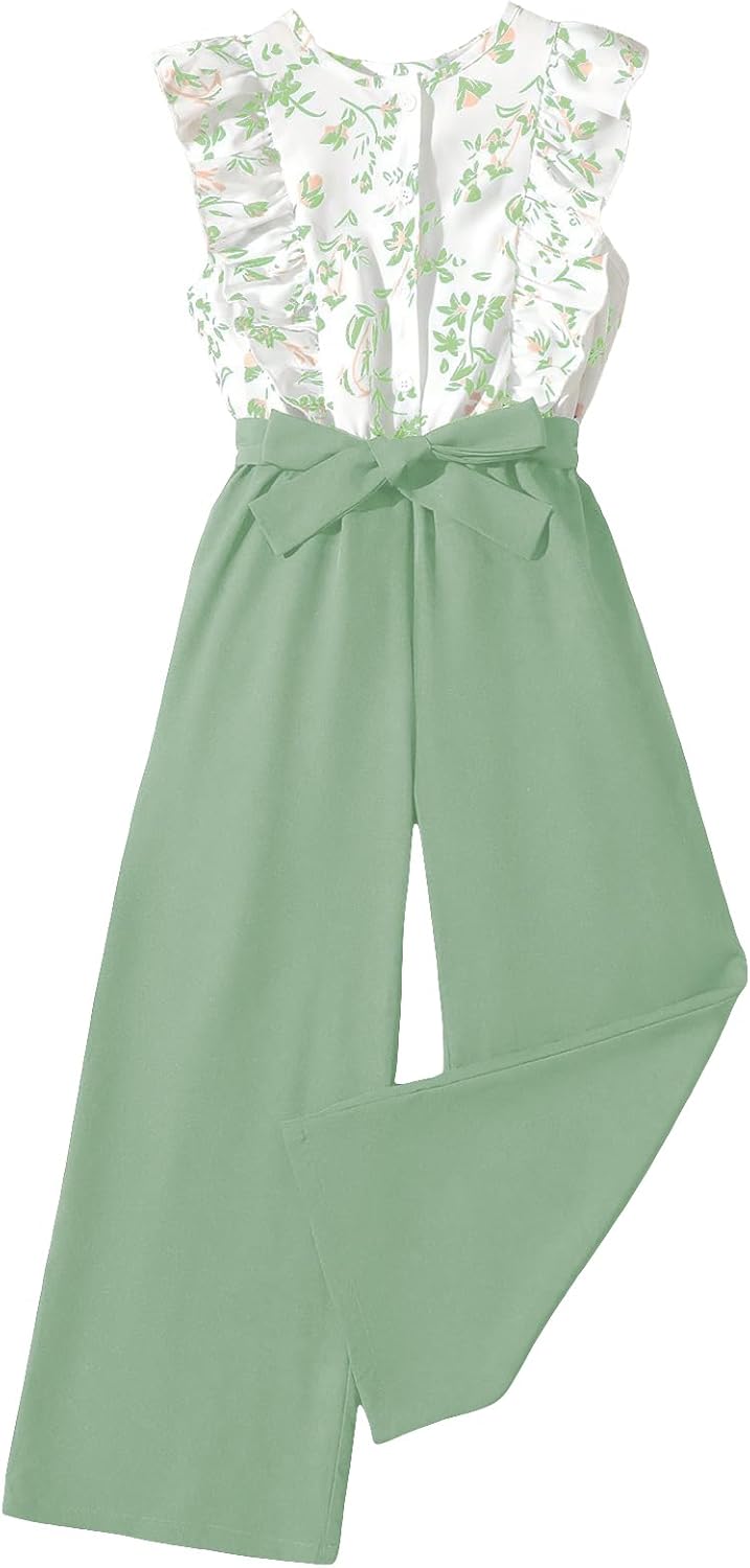 Girls Floral Print Sleeveless Ruffle Trim Belted Pants Jumpsuit 12 Years Mint Green
