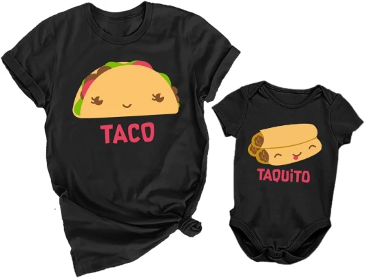 Taco and Taquito Mommy and Me Outfits Funny Mom and Baby Gift Idea for First Mother's Day or Baby Shower Taco Small / Taquito 12M (6-12M) Taco Black / Taquito Black