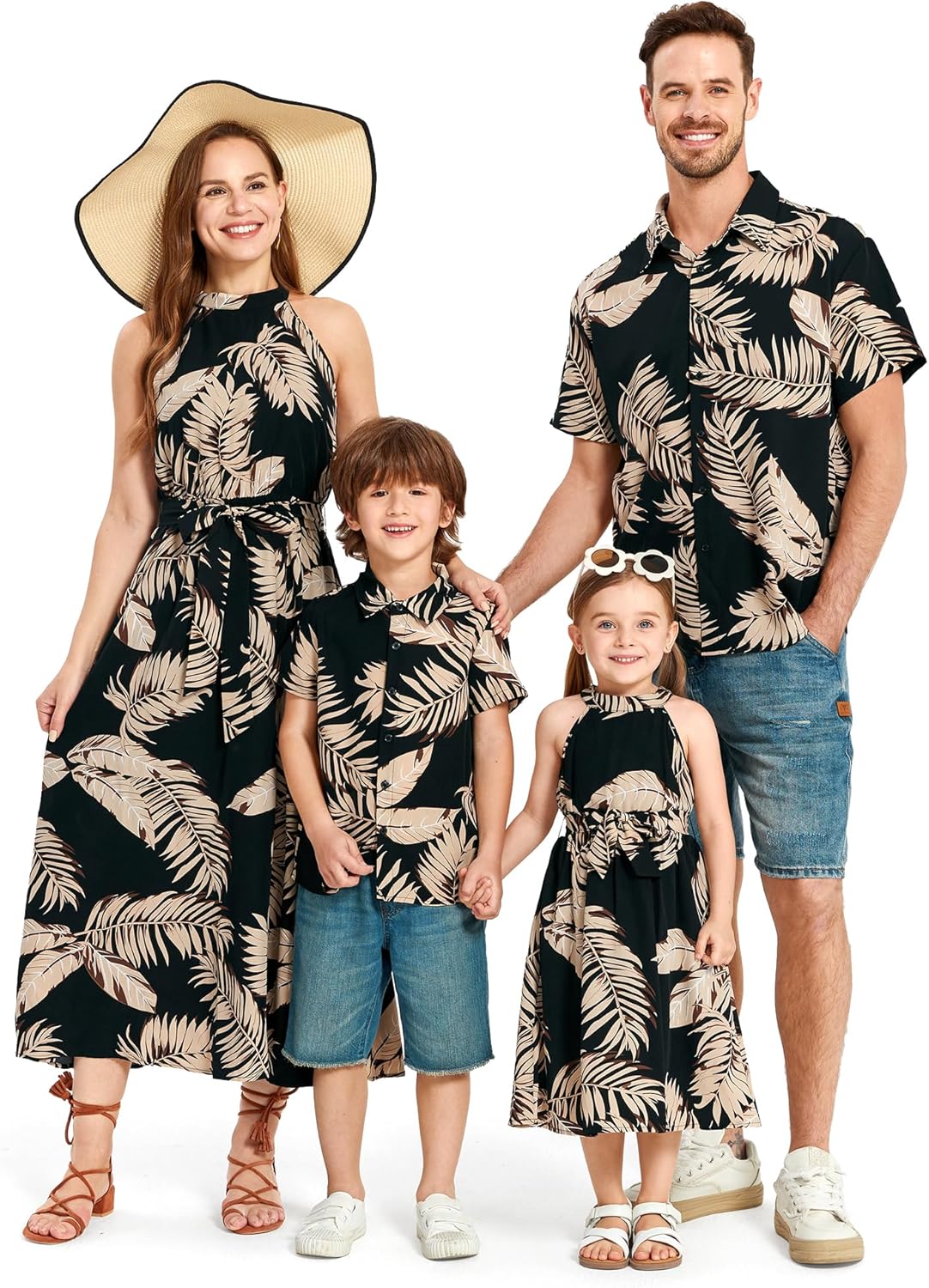 Family Hawaiian Matching Outfits Mommy and Me Outfits Caribbean Vacation Summer Tropical Halter Sundresses and Shirts Women Small Black Palm Leaf