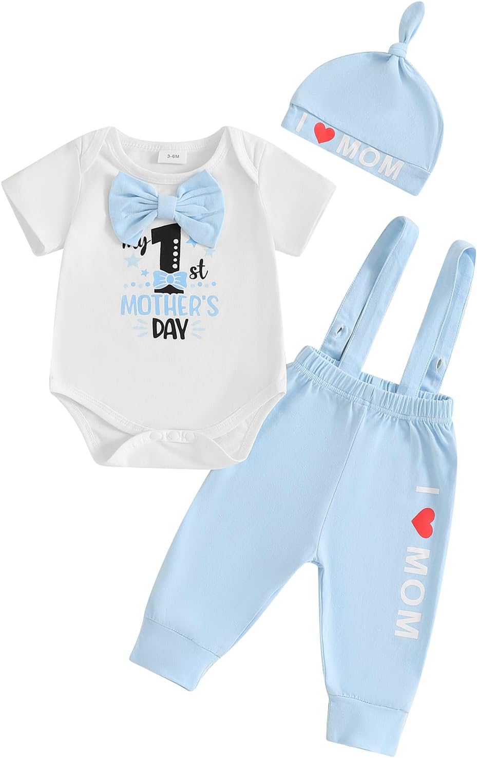Karuedoo My 1st Mother's Day Baby Boy Outfit Short Sleeve Bowtie Romper I Love Mom Suspender Pants Hat 3 Piece Clothes Set A-white 9-12 Months