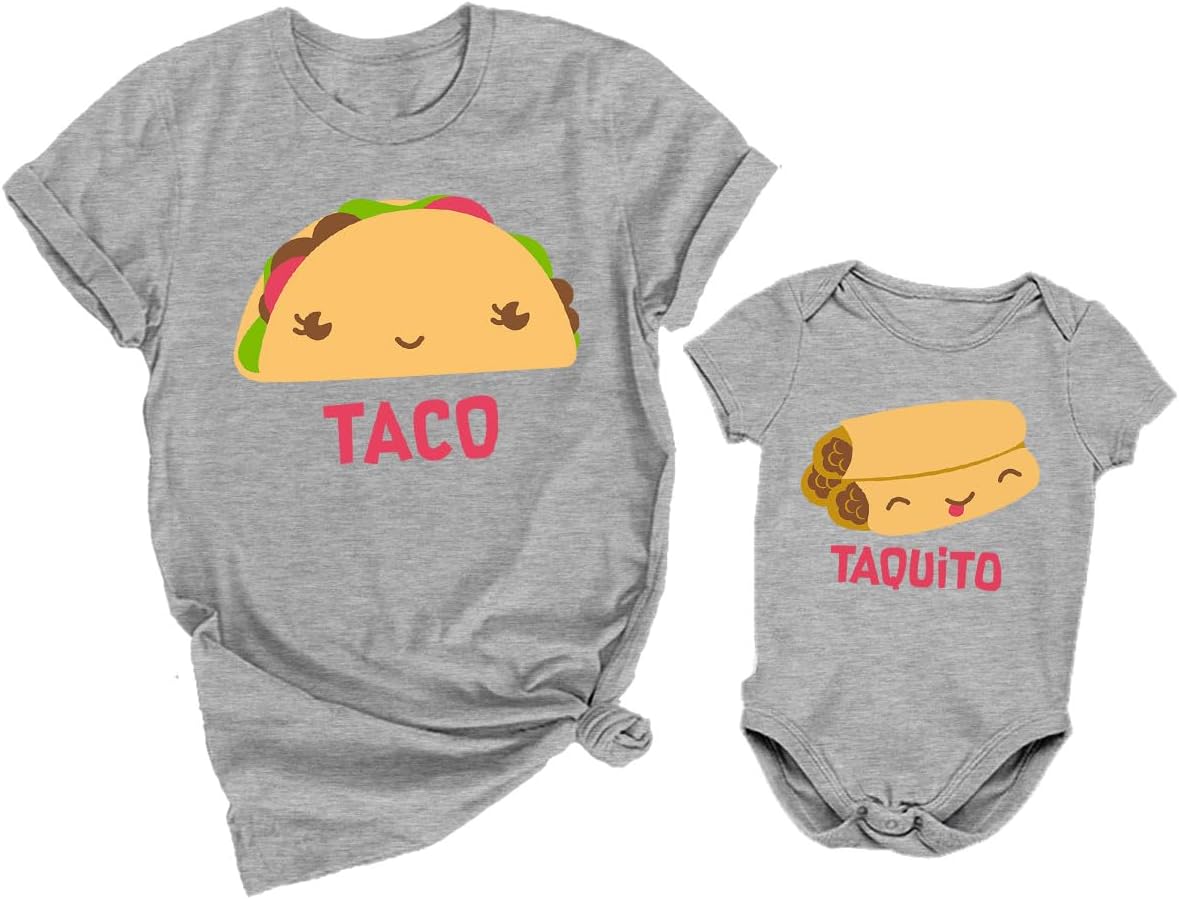 Taco and Taquito Mommy and Me Outfits Funny Mom and Baby Gift Idea for First Mother's Day or Baby Shower Taco Large / Taquito 6M (3-6M) Taco Gray / Taquito Gray